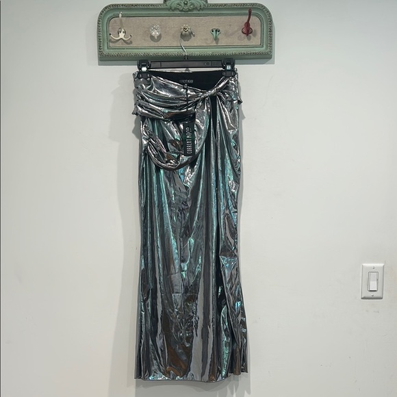 Current Mood liquid latex silver drip high slit cut out Maxi Skirt medium new - Picture 1 of 5